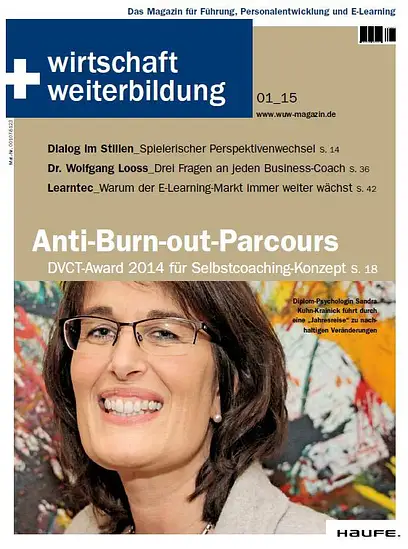 Titelseite der Zeitschrift wirtschaft + weiterbildung, Ausgabe 01/2015, mit Dipl.-Psych. Sandra Kuhn-Krainick. Titelthema: Anti-Burn-out-Parcours — DVCT-Award 2014 für Selbstcoaching-Konzept