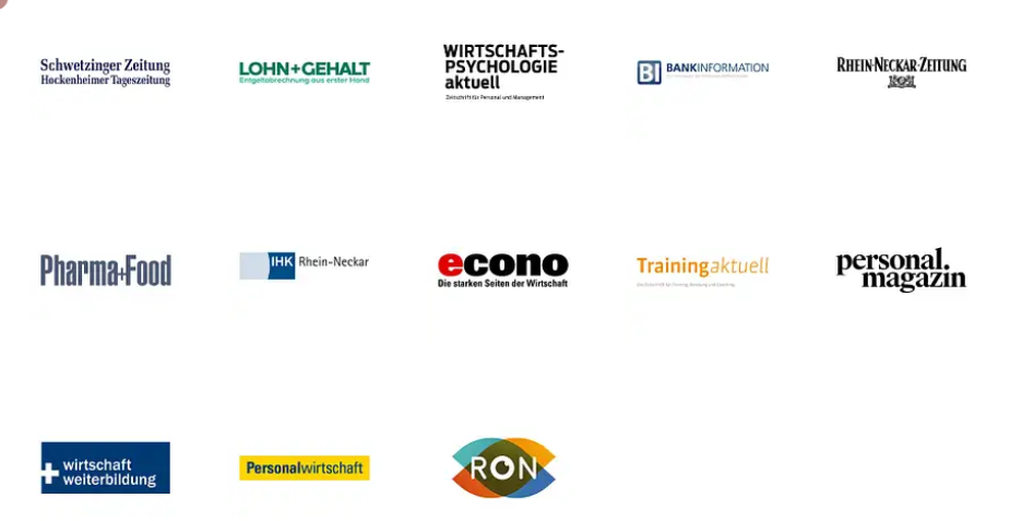 Logos der Medien, die berichtet haben: Schwetzinger Zeitung, Lohn+Gehalt, Wirtschaftspsychologie aktuell, Bankinformation, Rhein-Neckar-Zeitung, Pharma+Food, IHK Rhein-Neckar, econo, Training aktuell, personalmagazin, wirtschaft + weiterbildung, Personalwirtschaft, RON